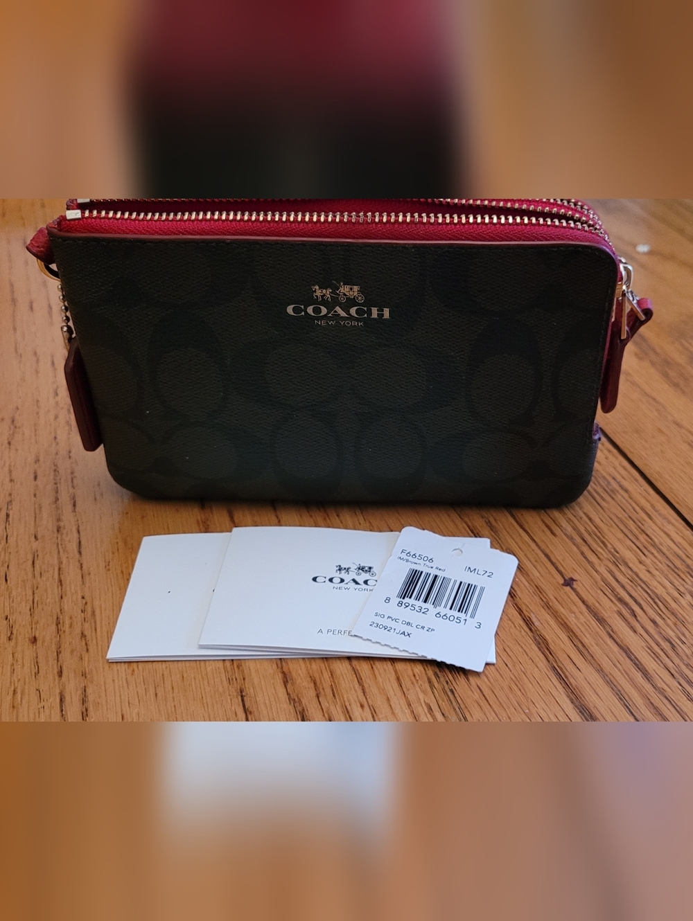 Coach F66506 Signature Double Corner. Zip Wristlet Brown/True Red
